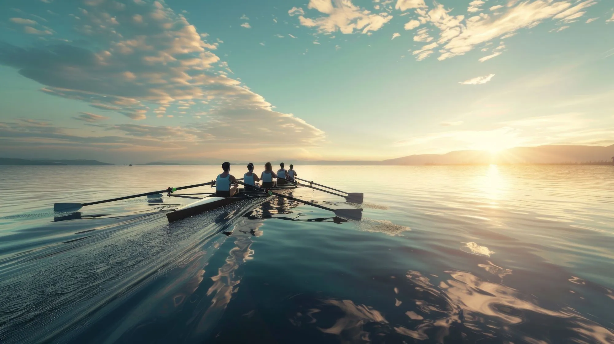 Four people row a boat on calm waters during a serene sunrise. The sky is filled with scattered clouds, casting gentle reflections on the water.